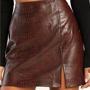Brown Croc-Embossed faux leather Skirt